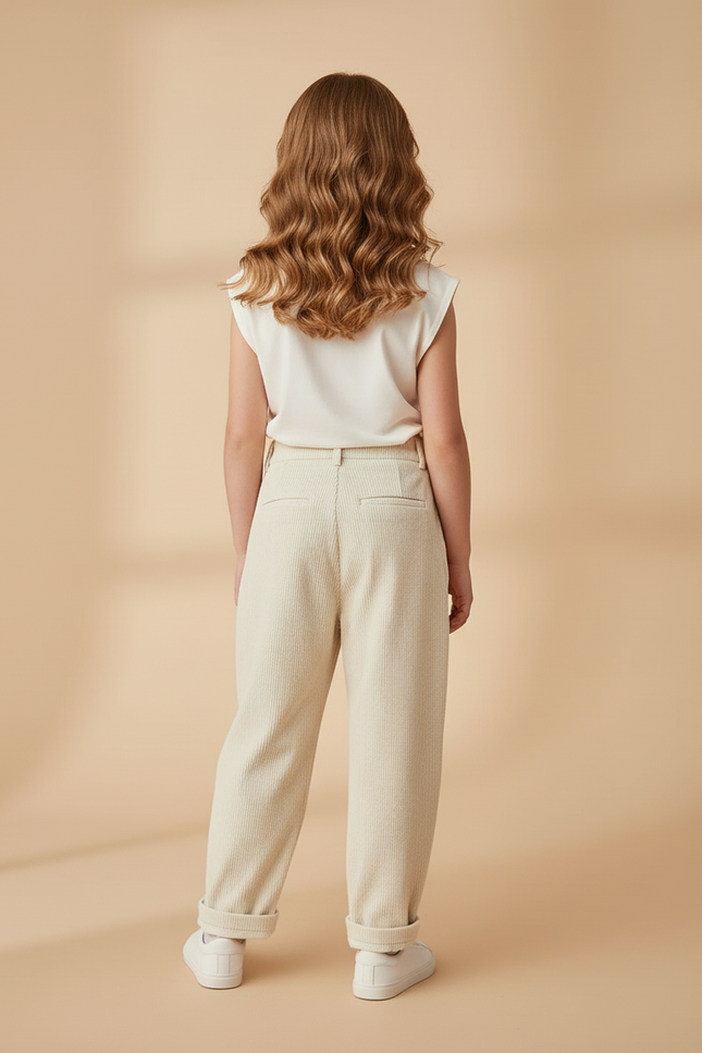 Pantalon Baggy Côtelé Crème Ample Plissé Décontracté - Beige Cordé - vue 2