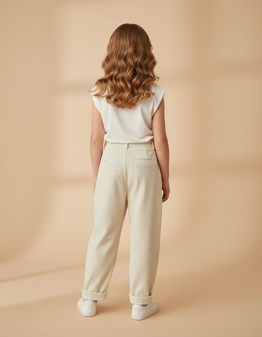 Pantalon Baggy Côtelé Crème Ample Plissé Décontracté - Beige Cordé - vue 2