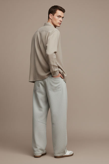Pantalon Baggy Coton Gris Clair Ample Décontracté - Jean - vue 2