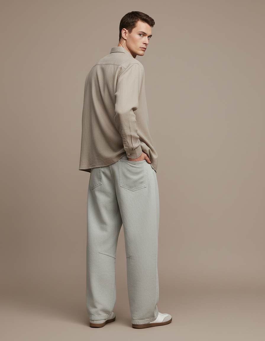 Pantalon Baggy Coton Gris Clair Ample Décontracté - Jean - vue 2