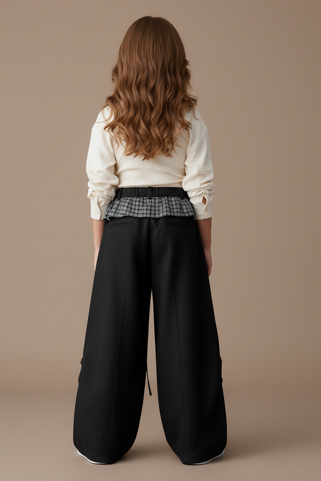 Pantalon Baggy Noir Ample Plaid Fille - Toile - vue 2