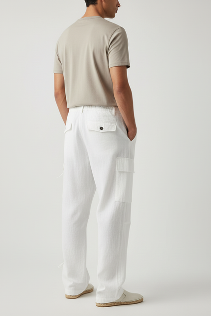 Pantalon Baggy Blanc Lin Cargo Ample Décontracté - vue 2