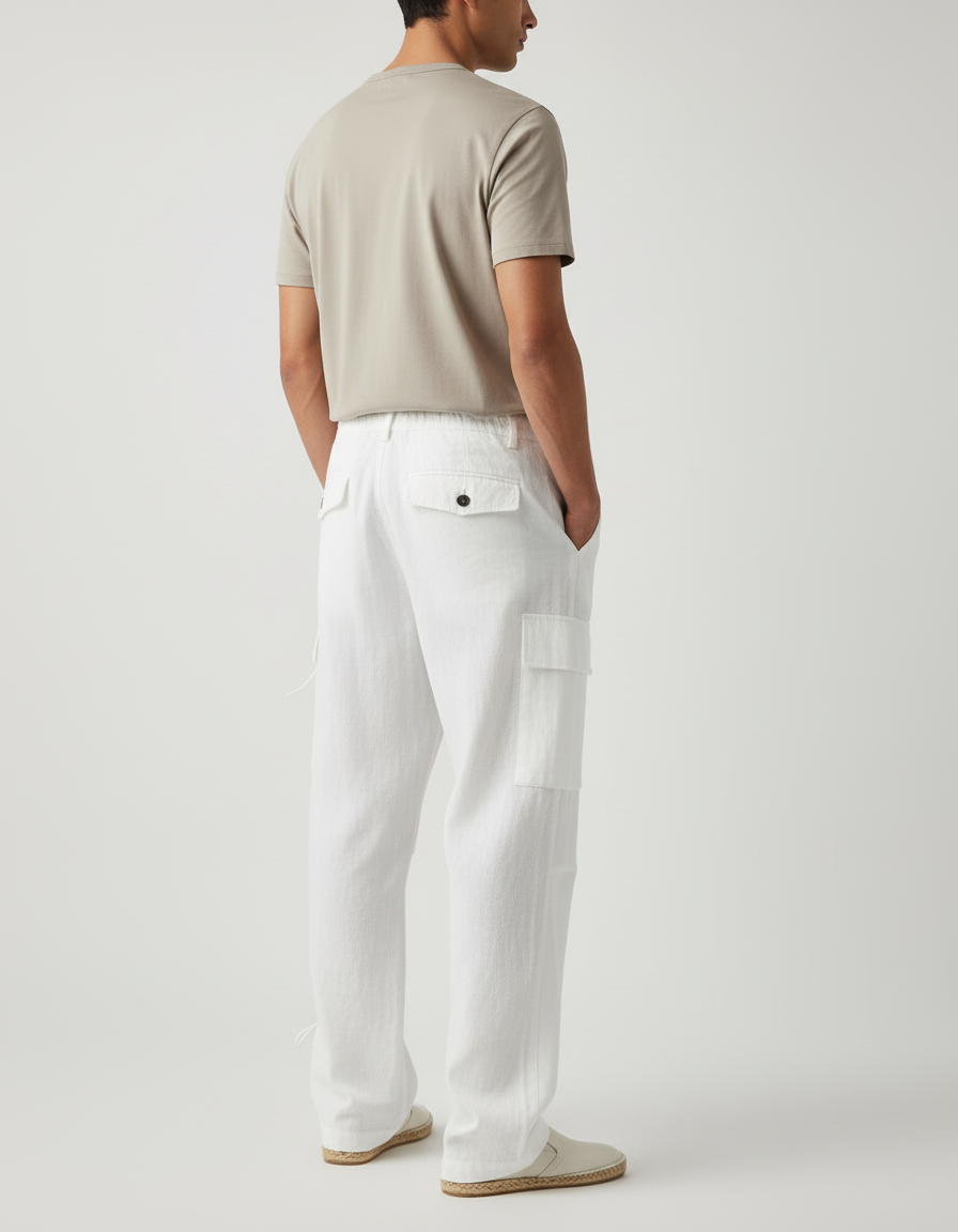 Pantalon Baggy Blanc Lin Cargo Ample Décontracté - vue 2