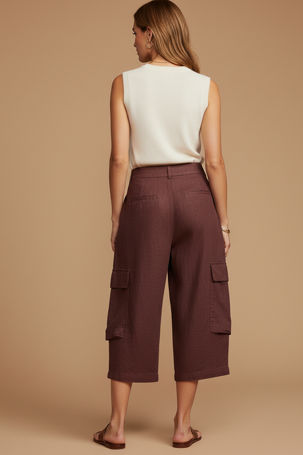 Pantalon Baggy Marron Ample Lin Cargo Court - Bordeaux - vue 2