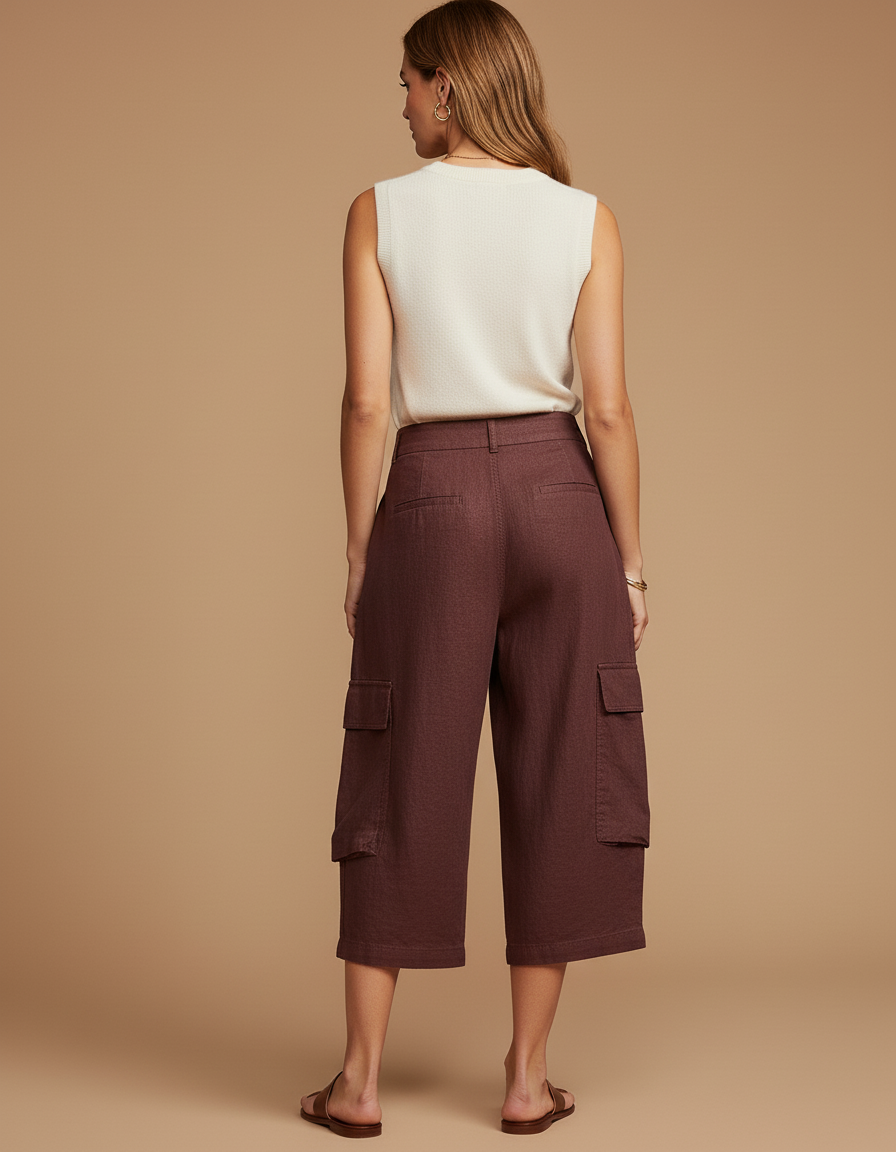 Pantalon Baggy Marron Ample Lin Cargo Court - Bordeaux - vue 2