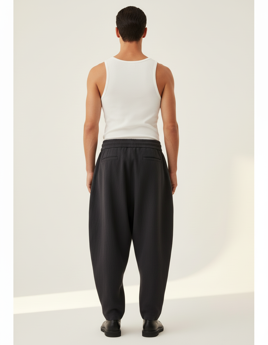 Pantalon Baggy Noir Ample Lin Plissé Décontracté Homme - vue 2