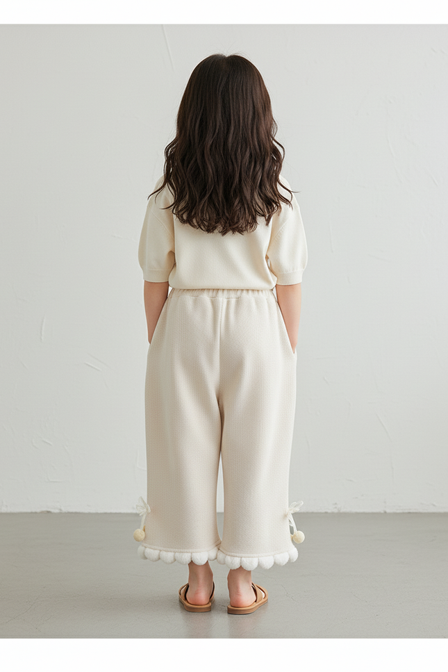 Pantalon Baggy Crème Ample Pompons Scallop Fille - Beige Maille - vue 2