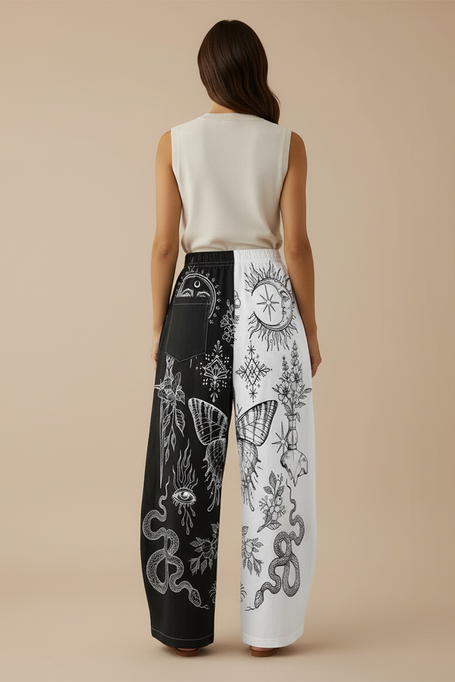 Pantalon Baggy Imprimé Lune Soleil Serpent Bicolore Large - Multicolore Coton - vue 2