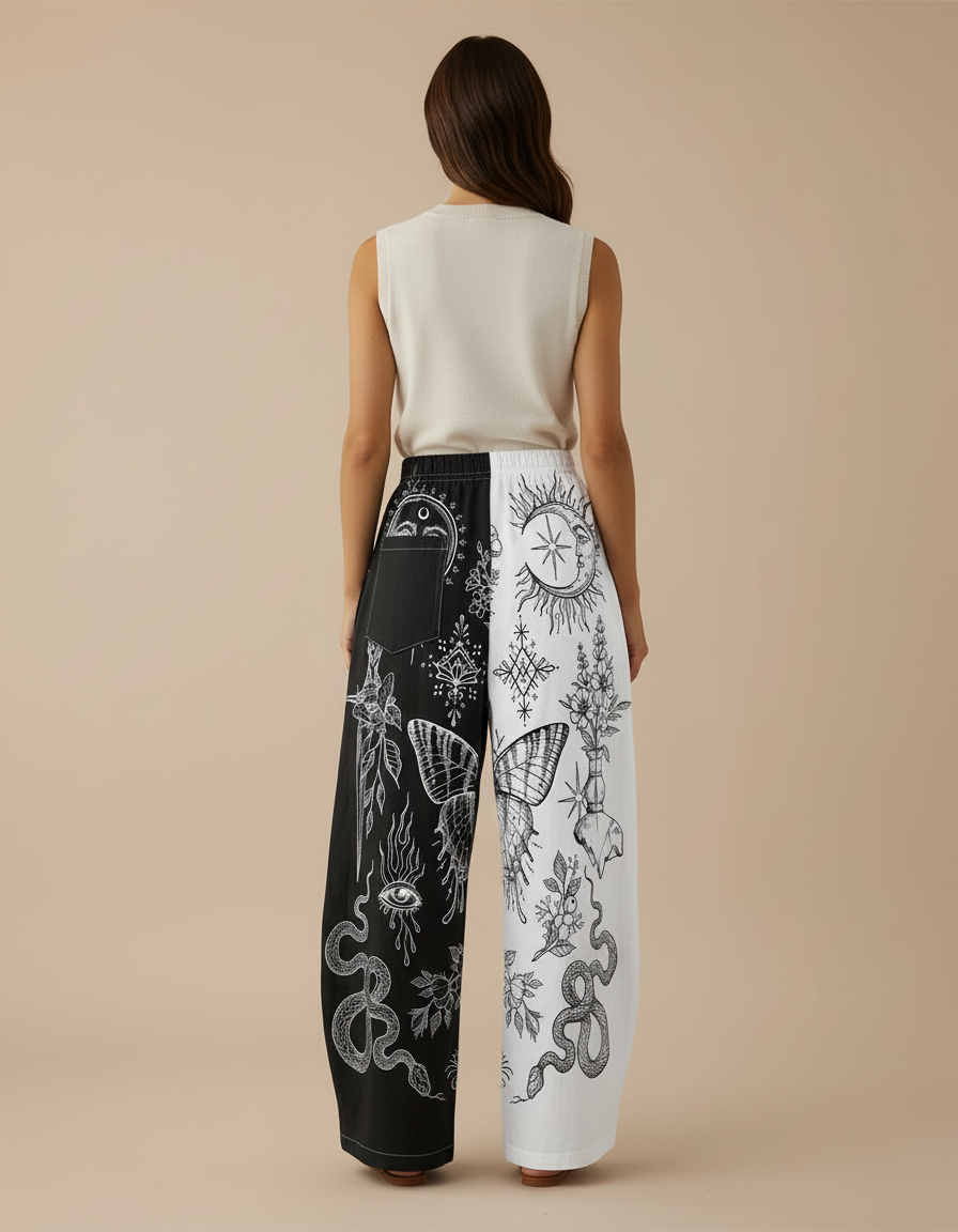 Pantalon Baggy Imprimé Lune Soleil Serpent Bicolore Large - Multicolore Coton - vue 2