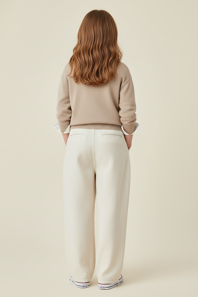 Pantalon Baggy Crème Ample Plissé Décontracté Enfant - Beige Lin - vue 2