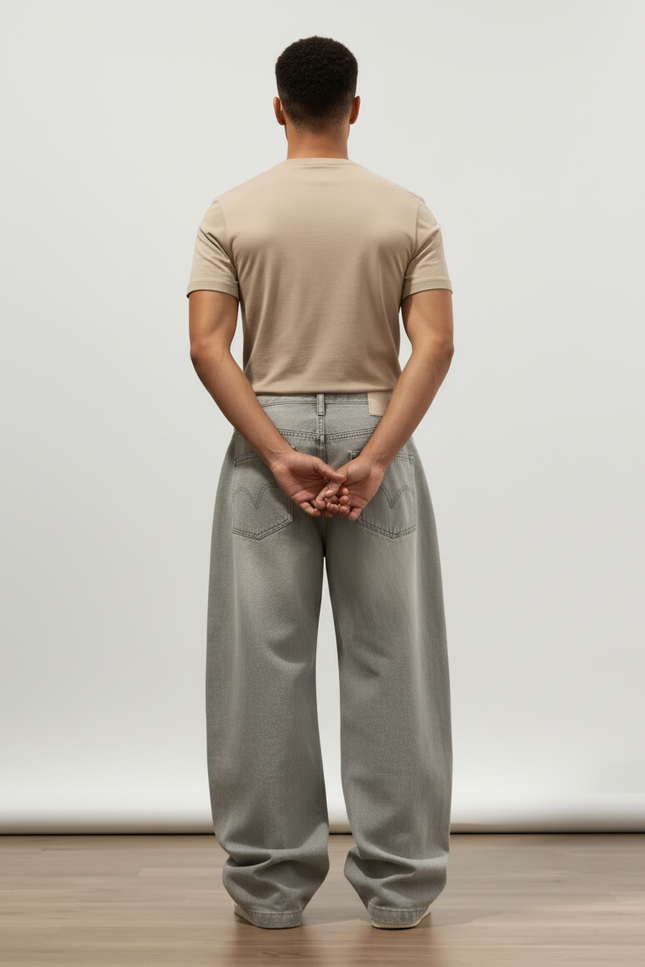 Pantalon Baggy Gris Ample Délavé Brodé Homme - Jean - vue 2