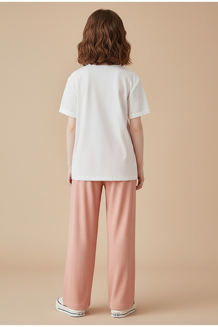 Pantalon Baggy Rose Pêche Ample Fluide Décontracté Enfant - Maille - vue 2