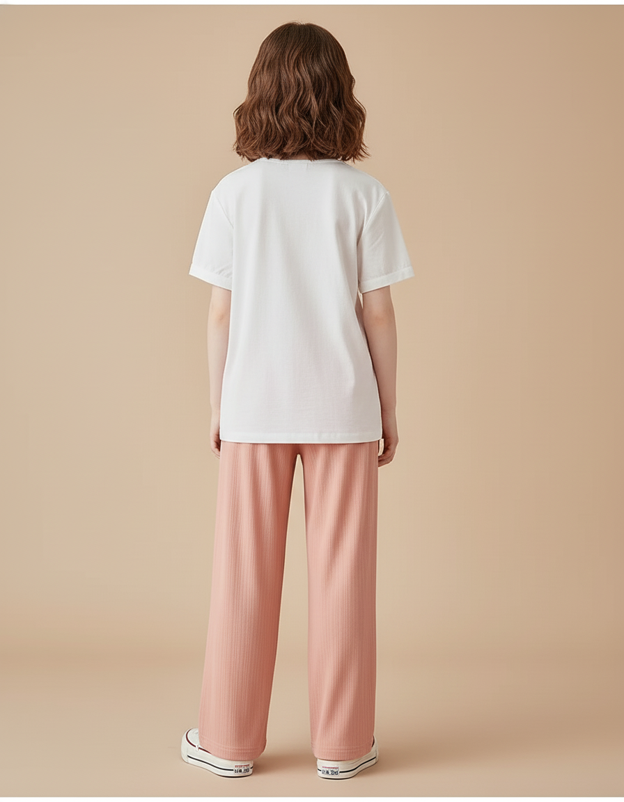 Pantalon Baggy Rose Pêche Ample Fluide Décontracté Enfant - Maille - vue 2