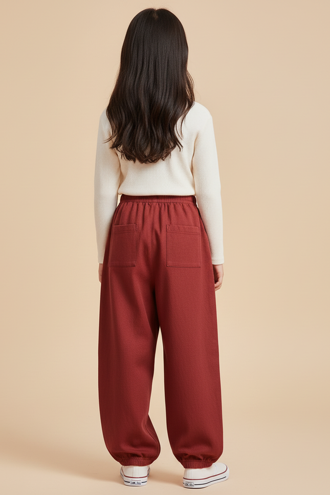 Pantalon Baggy Rouge Brique Ample Confortable Élastiqué Fille - Bordeaux Molleton - vue 2