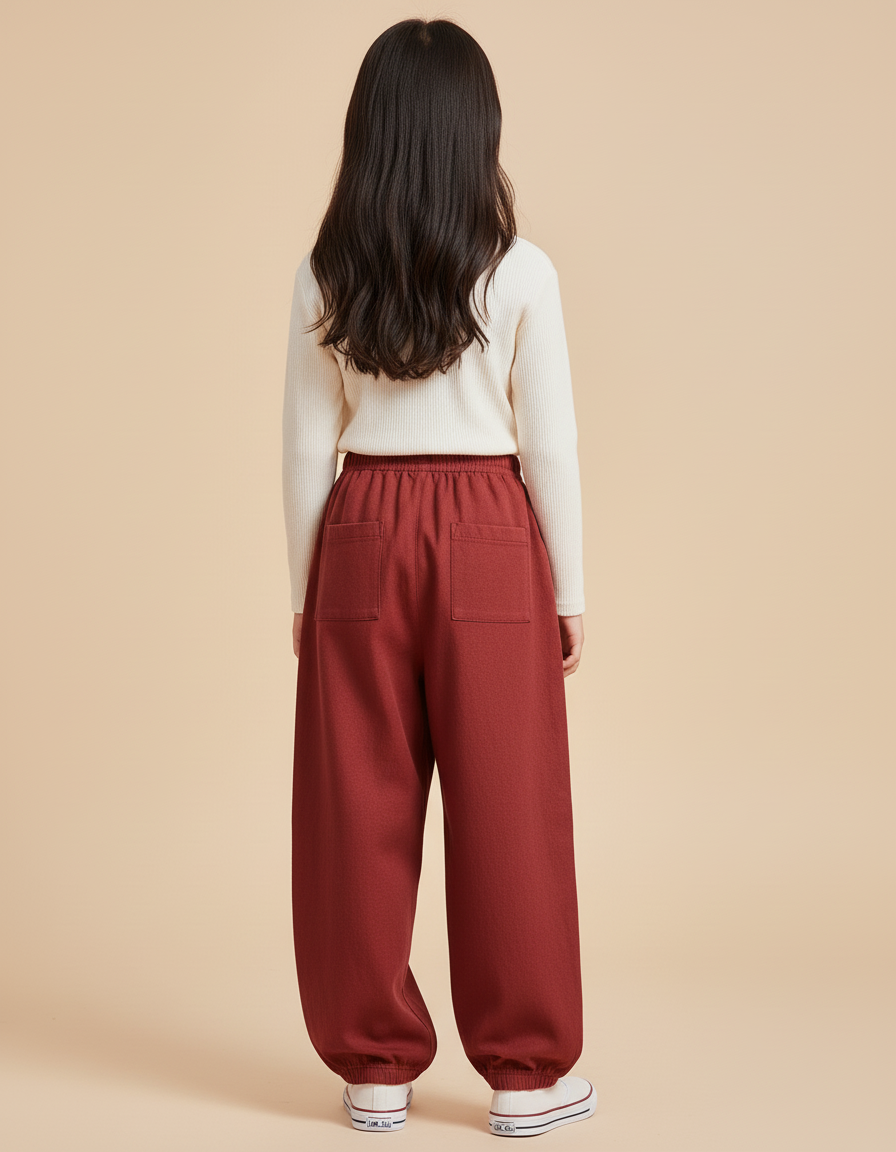 Pantalon Baggy Rouge Brique Ample Confortable Élastiqué Fille - Bordeaux Molleton - vue 2