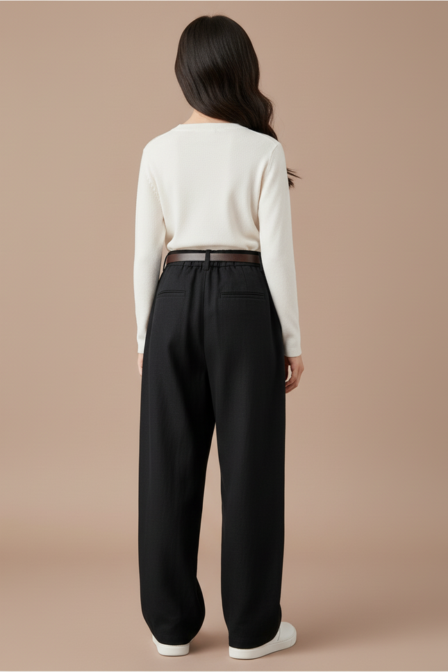 Pantalon Baggy Noir Ample Plissé Fille Décontracté - Lin - vue 2