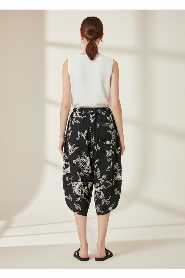 Pantalon Baggy Noir Imprimé Fluide Harem Femme - Lin - vue 2