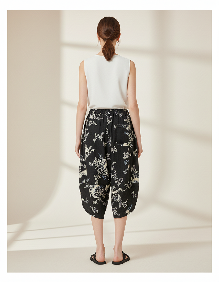 Pantalon Baggy Noir Imprimé Fluide Harem Femme - Lin - vue 2