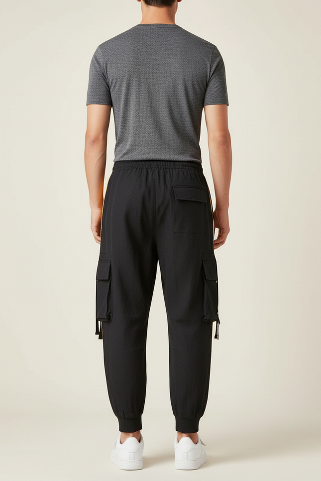 Pantalon Baggy Noir Cargo Bandes Jaunes Cordon Homme - Polyester - vue 2