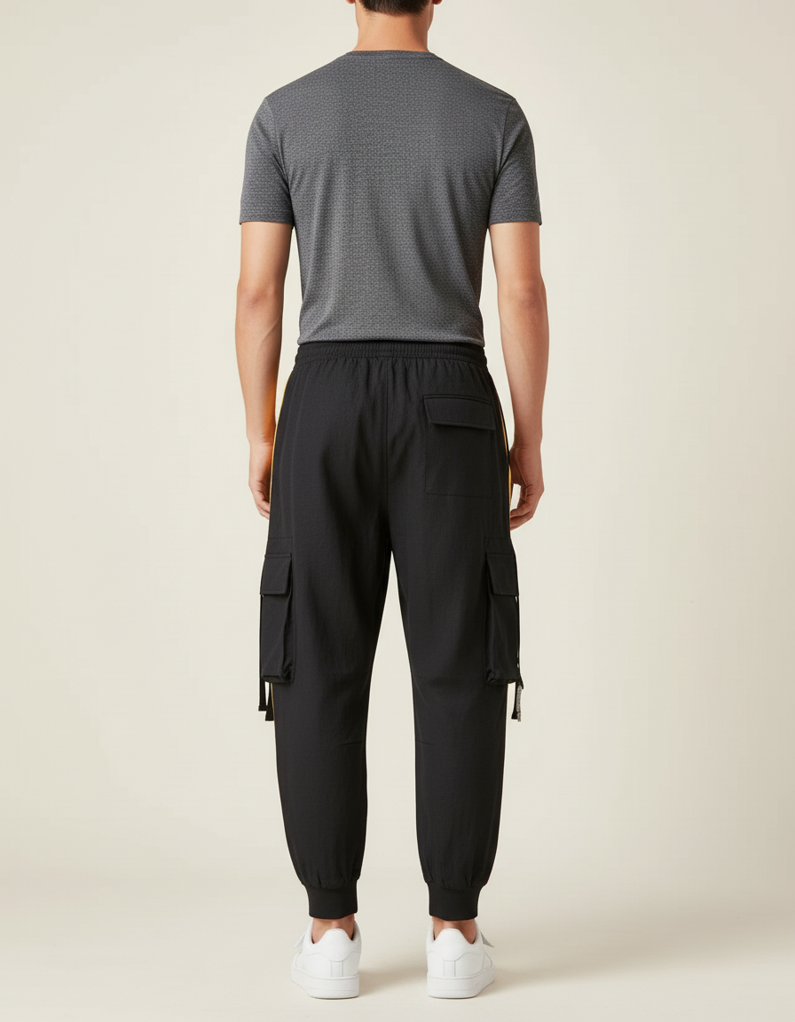 Pantalon Baggy Noir Cargo Bandes Jaunes Cordon Homme - Polyester - vue 2