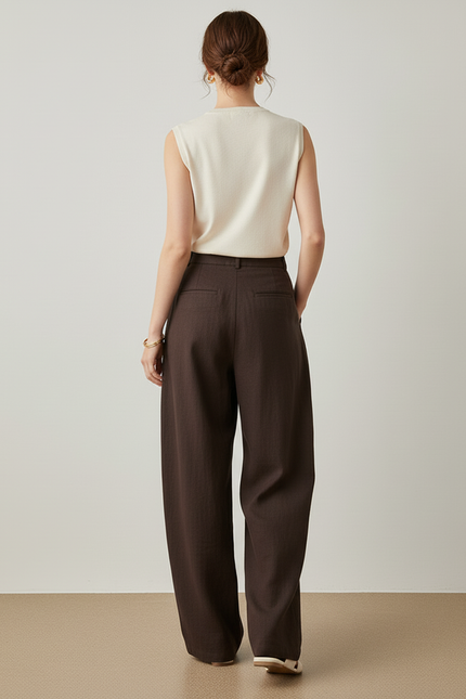 Pantalon Baggy Marron Lin Fluide Plissé Ample - vue 2