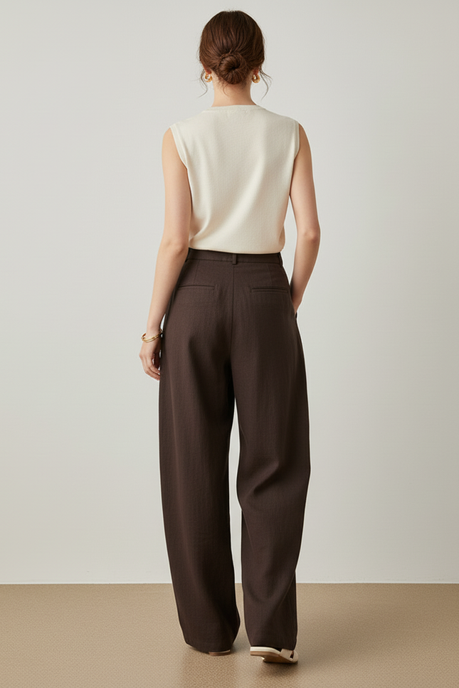 Pantalon Baggy Marron Lin Fluide Plissé Ample - vue 2