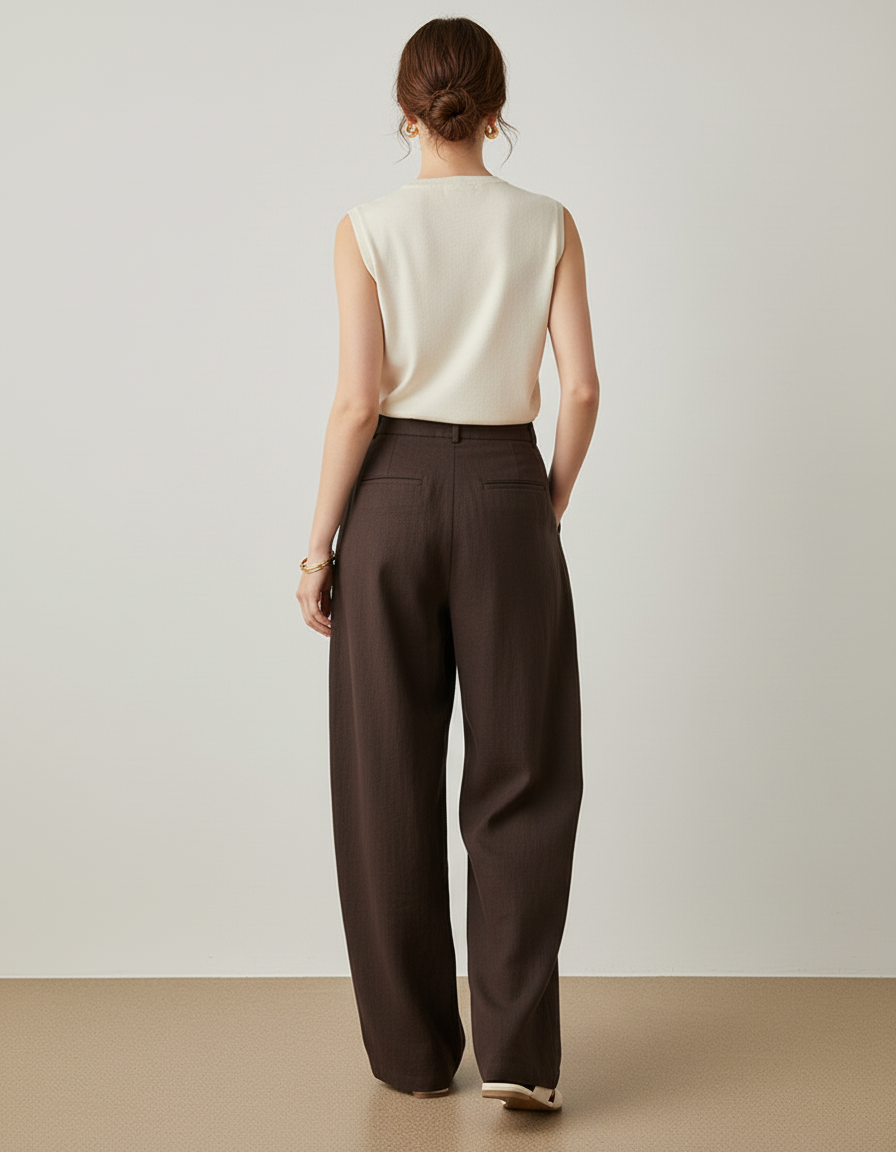 Pantalon Baggy Marron Lin Fluide Plissé Ample - vue 2