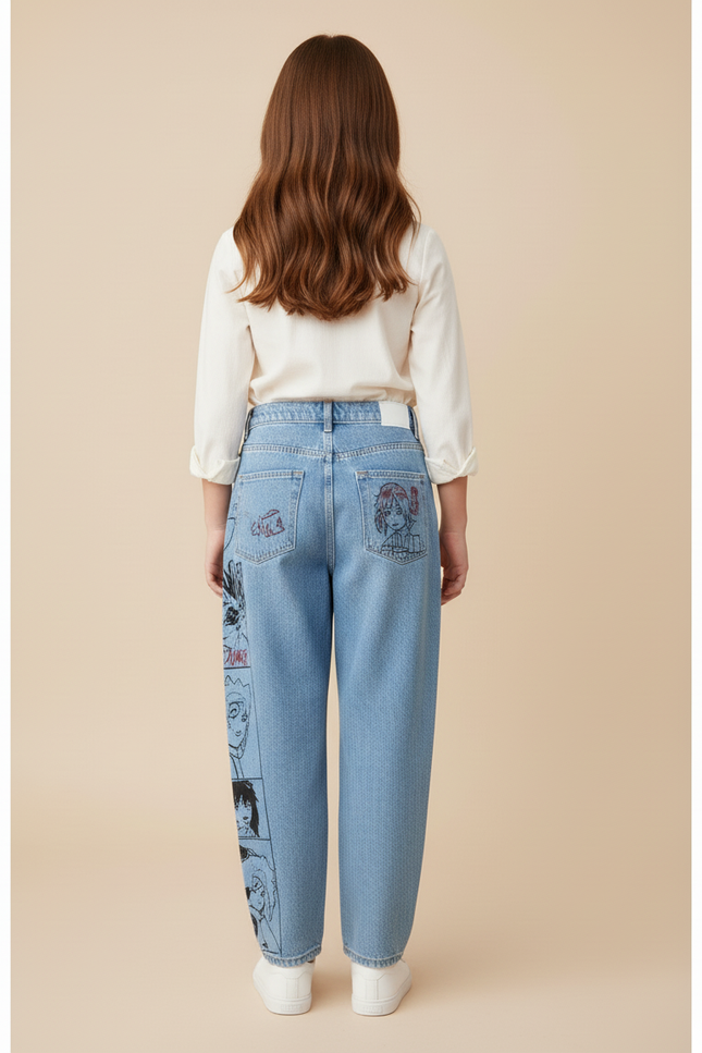 Pantalon Baggy Jean Clair Ample Imprimé Manga Anime - Bleu - vue 2