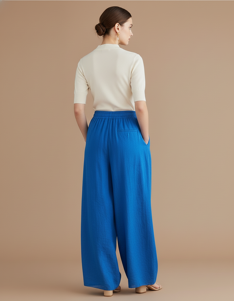 Pantalon Baggy Bleu Roi Ample Fluide Coton Lin - vue 2