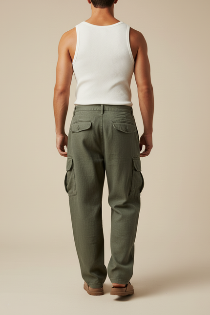 Pantalon Baggy Cargo Vert Olive Ample Plissé Décontracté - Kaki Toile - vue 2