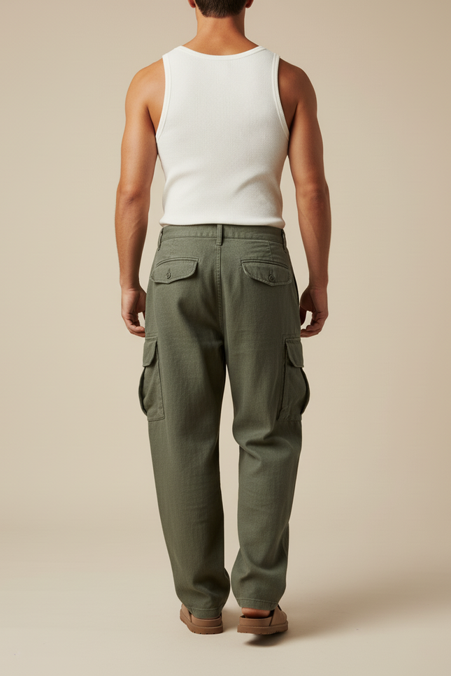 Pantalon Baggy Cargo Vert Olive Ample Plissé Décontracté - Kaki Toile - vue 2