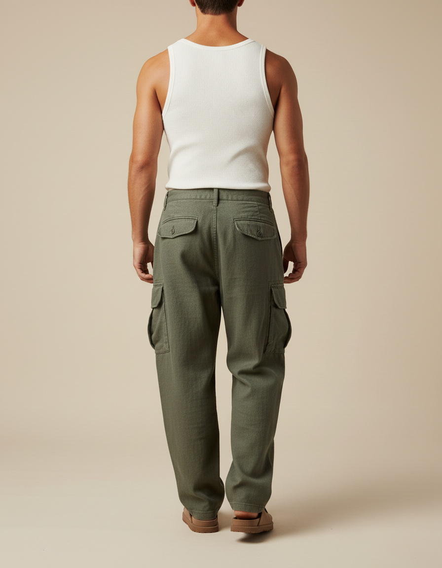 Pantalon Baggy Cargo Vert Olive Ample Plissé Décontracté - Kaki Toile - vue 2