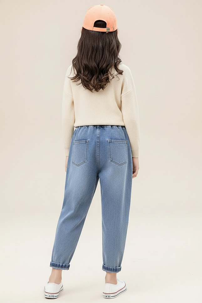Pantalon Baggy Jean Bleu Brodé Ample Décontracté Enfant - vue 2