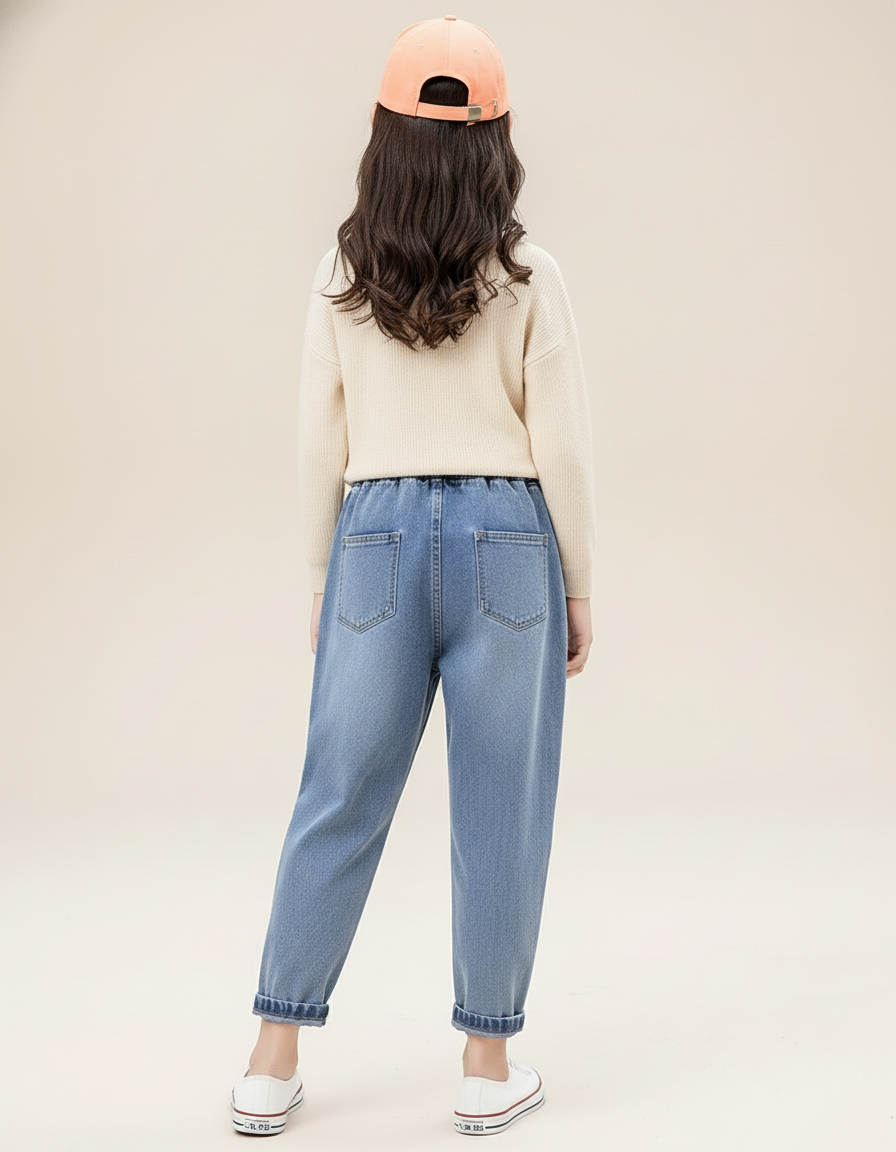 Pantalon Baggy Jean Bleu Brodé Ample Décontracté Enfant - vue 2