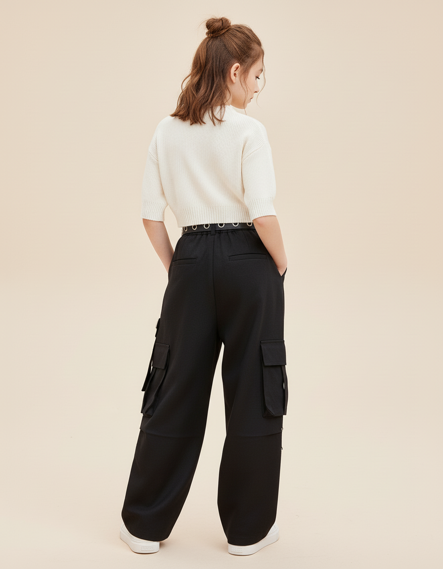 Pantalon Baggy Noir Cargo Ample Streetwear Fille - Gabardine - vue 2