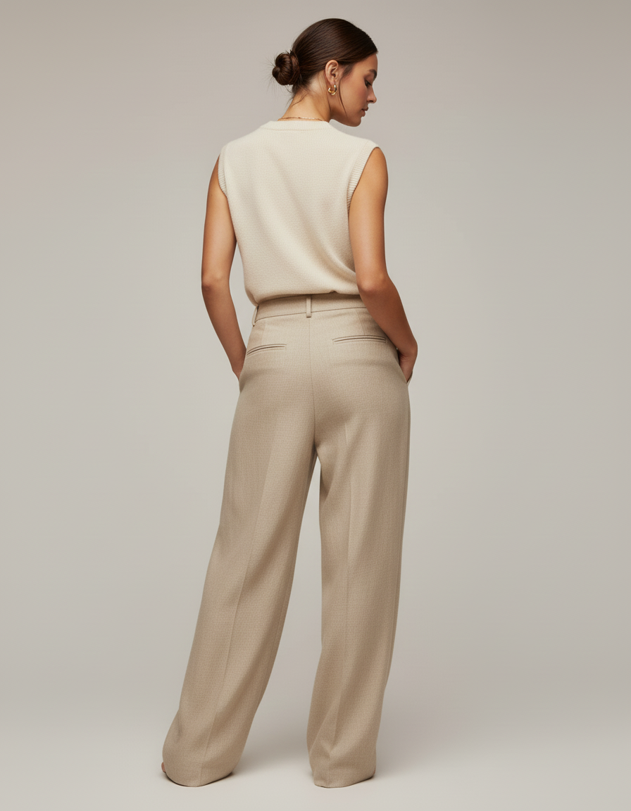 Pantalon Baggy Beige Ample Taille Haute Droit Élégant - Gabardine - vue 2