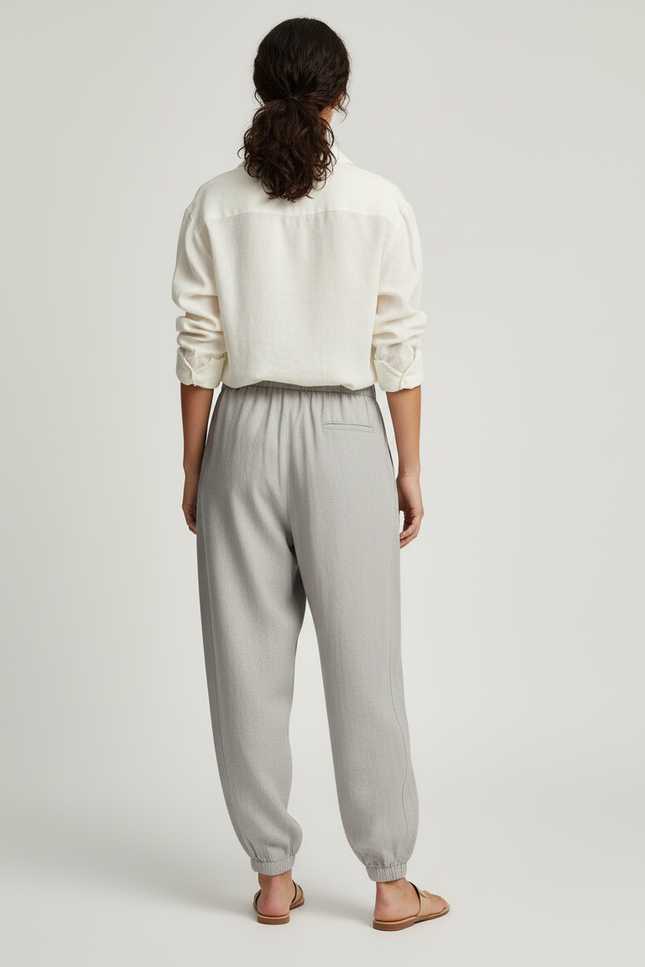 Pantalon Baggy Gris Clair Ample Cordon Décontracté Femme - Lin - vue 2