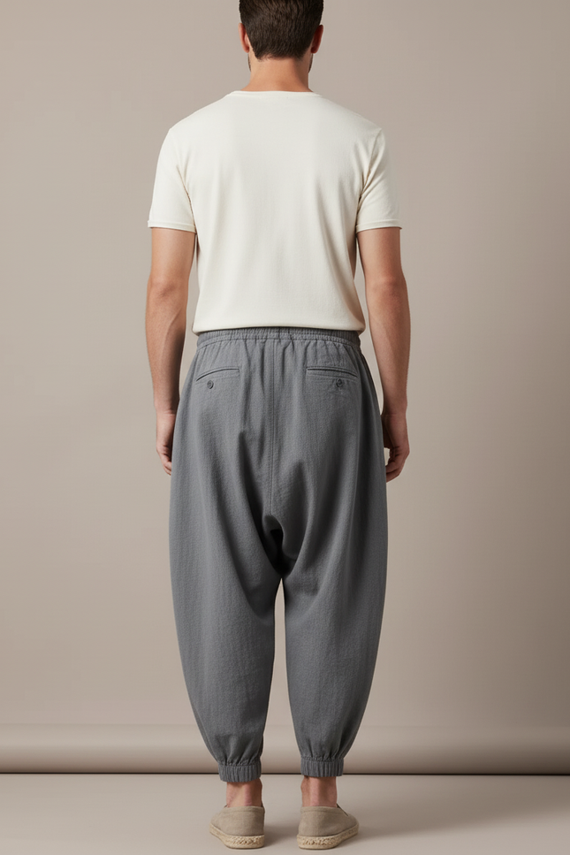 Pantalon Baggy Gris Coton Lin Ample Plissé Homme - vue 2