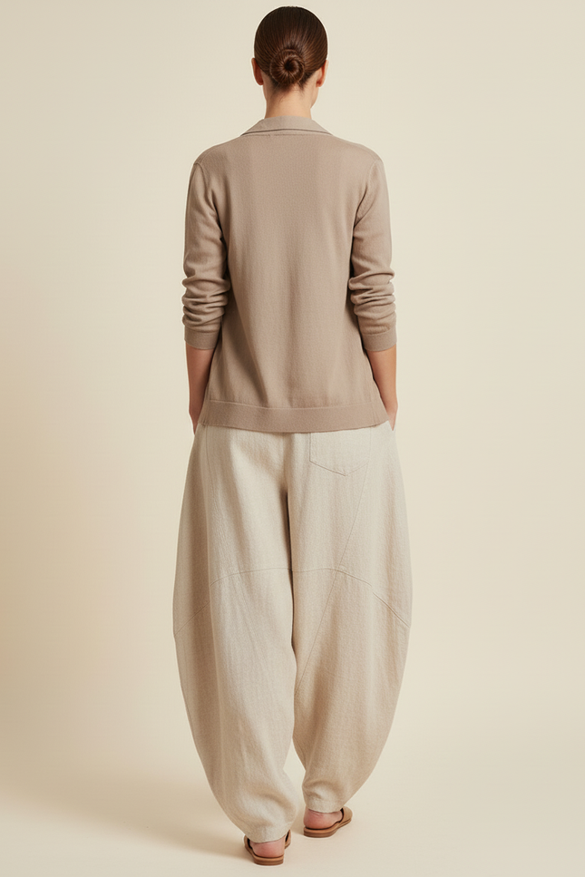 Pantalon Baggy Lin Ample Beige Femme Décontracté - vue 2