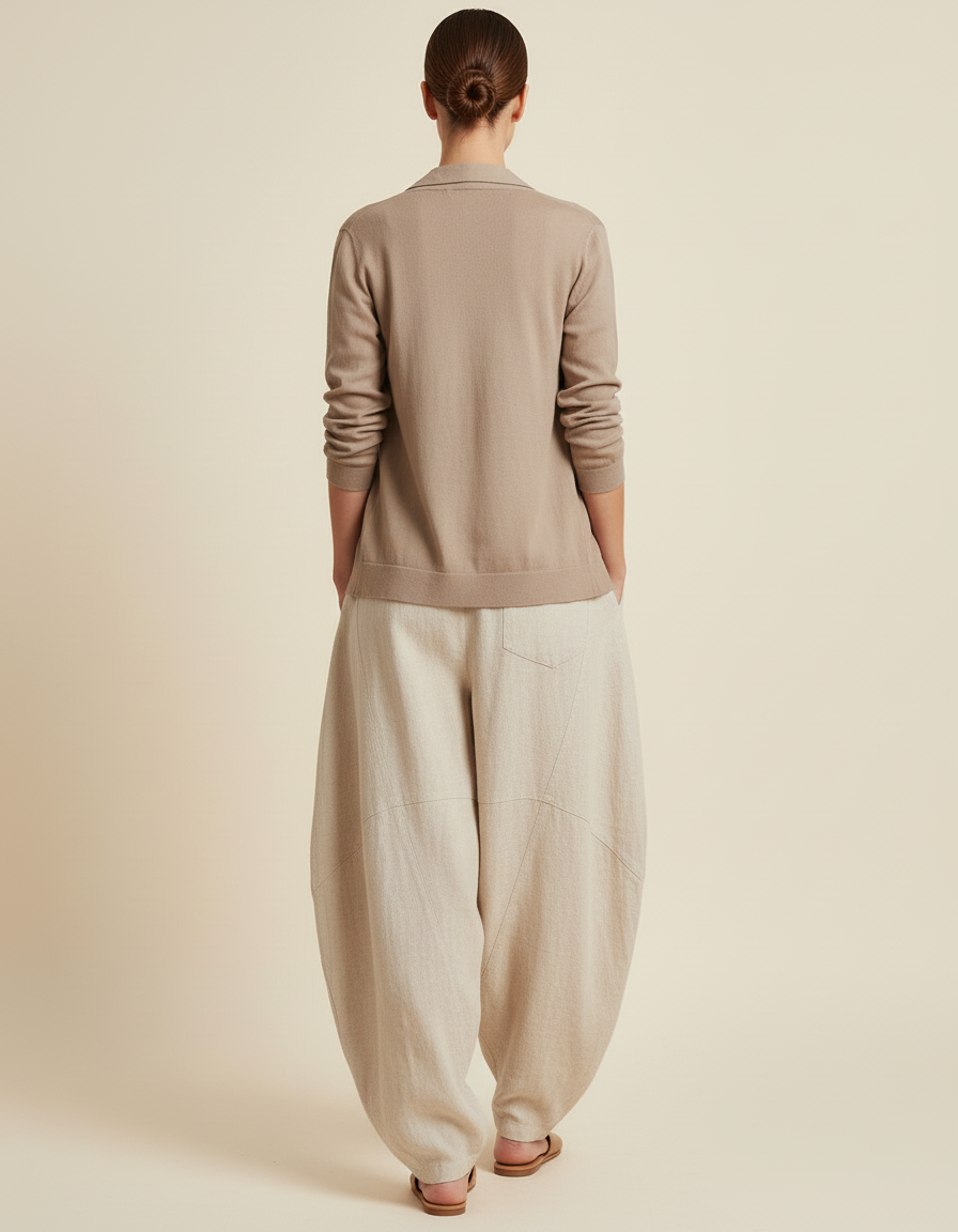 Pantalon Baggy Lin Ample Beige Femme Décontracté - vue 2