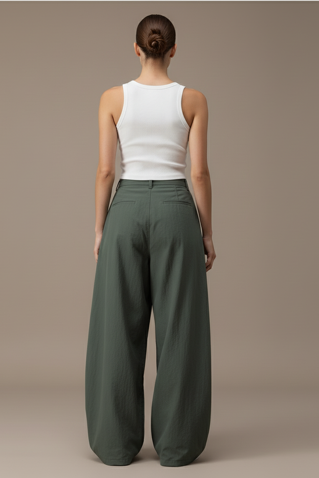 Pantalon Baggy Kaki Ample Fluide Taille Haute Femme - Polyester - vue 2