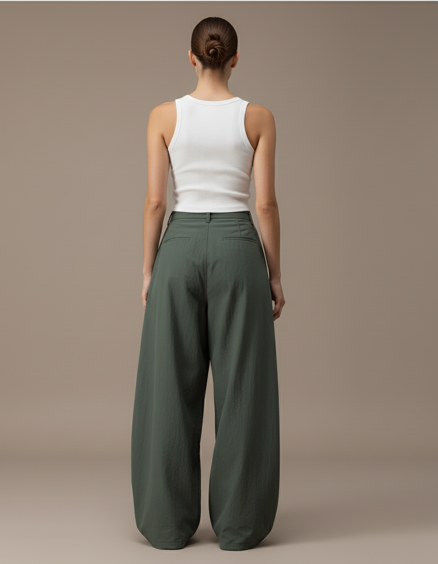 Pantalon Baggy Kaki Ample Fluide Taille Haute Femme - Polyester - vue 2