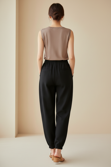 Pantalon Baggy Noir Ample Cordon Décontracté Fluide - Lin - vue 2