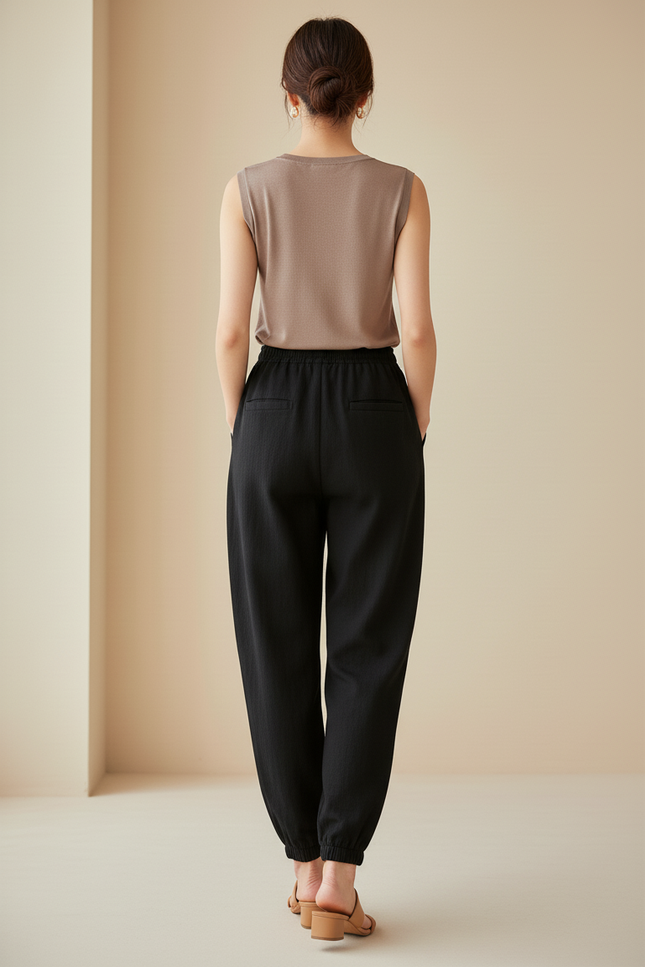Pantalon Baggy Noir Ample Cordon Décontracté Fluide - Lin - vue 2