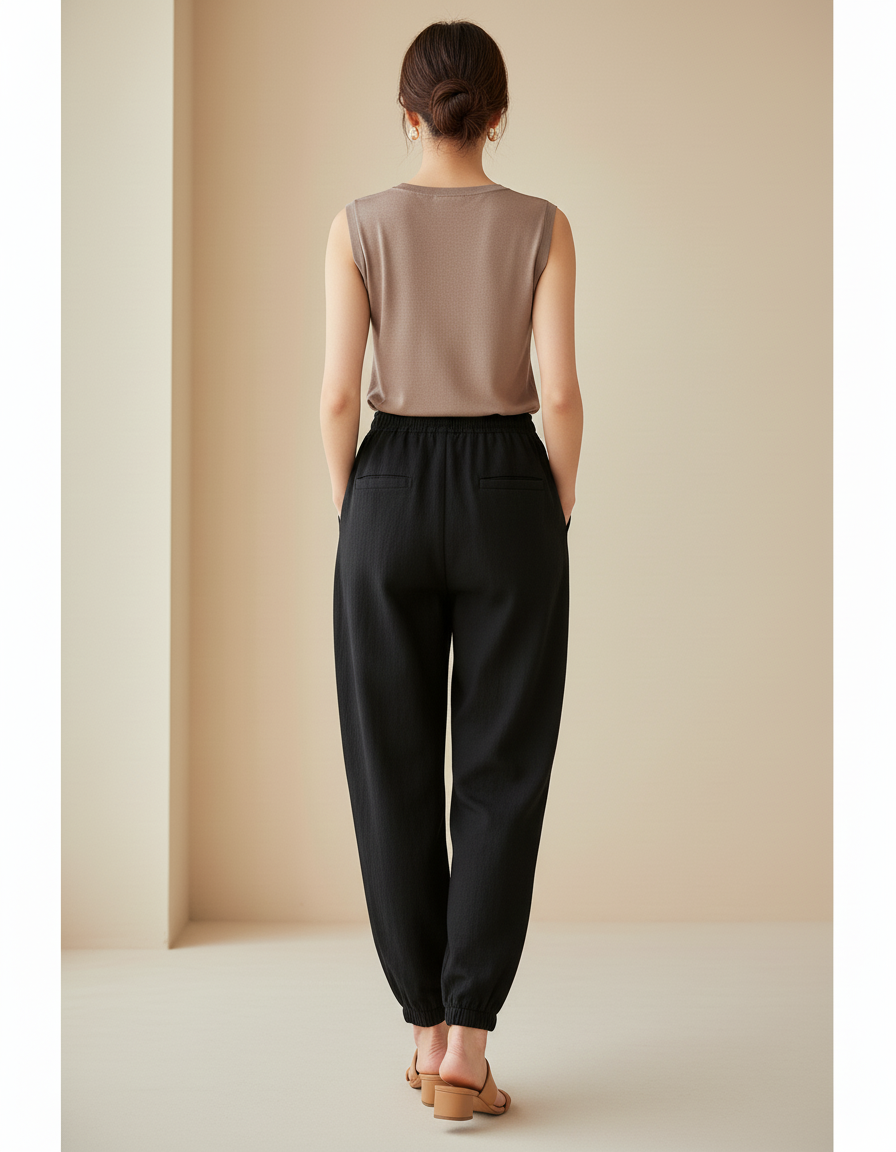 Pantalon Baggy Noir Ample Cordon Décontracté Fluide - Lin - vue 2