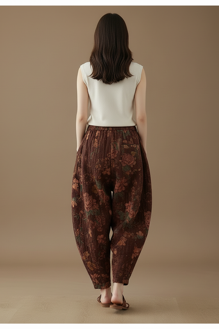 Pantalon Baggy Marron Fleuri Coton Lin Ample Harem - vue 2