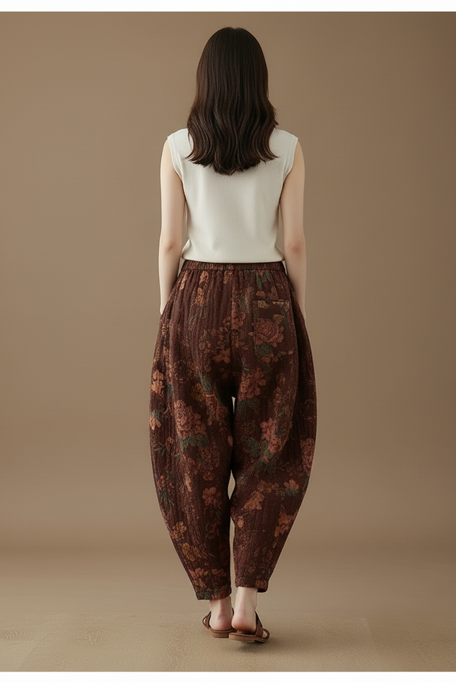 Pantalon Baggy Marron Fleuri Coton Lin Ample Harem - vue 2