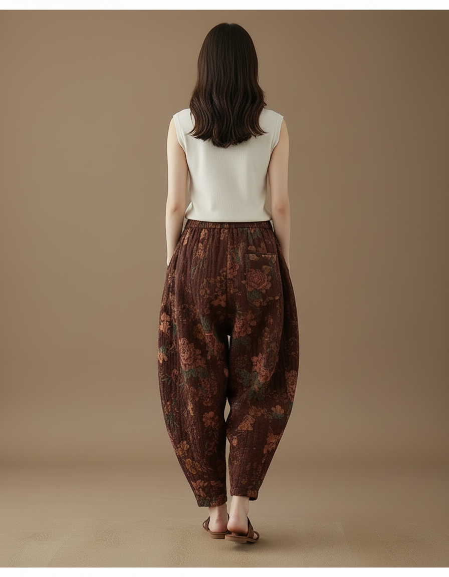 Pantalon Baggy Marron Fleuri Coton Lin Ample Harem - vue 2