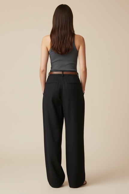 Pantalon Baggy Noir Ample Fluide Taille Haute - Lin - vue 2