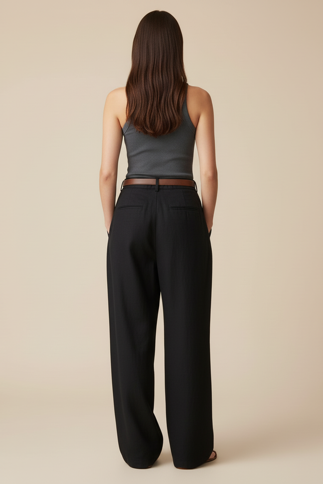 Pantalon Baggy Noir Ample Fluide Taille Haute - Lin - vue 2